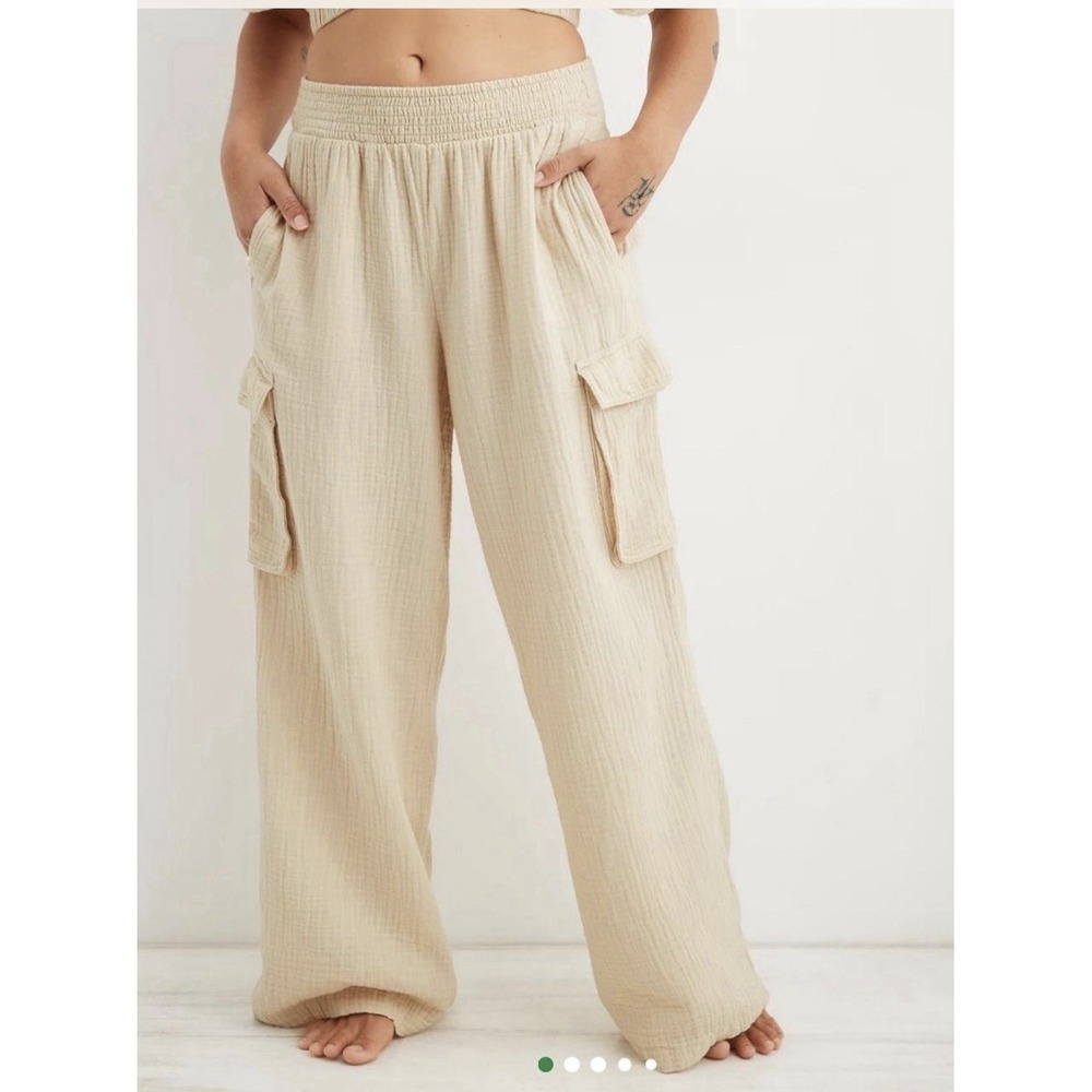 Aerie Wide Leg Gauze Pants Womens XS Beige Pull On Side Pockets 100% Cotton‎
